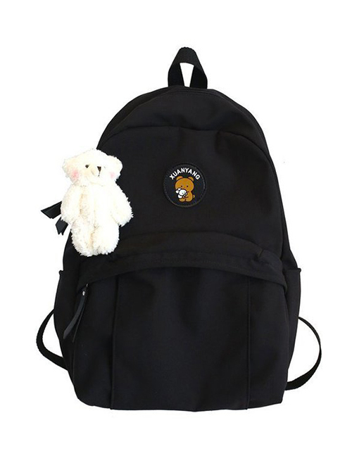 Fashion Black Bear Pendant Bear Print Label Backpack