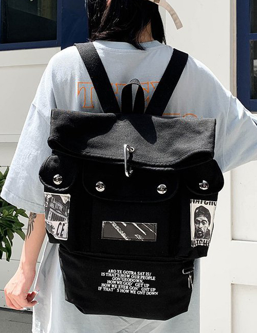 Fashion Black Printed Multi-pocket Large-capacity Canvas Backpack