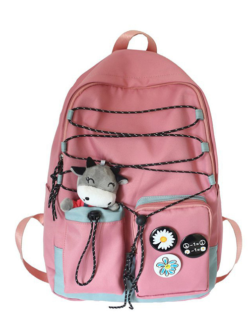 Fashion Pink Send Pendant Reflective Rope Badge Flower Drawstring Backpack