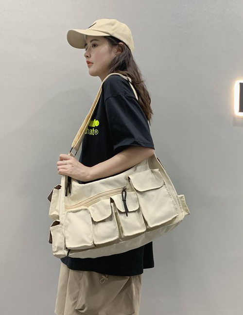 Fashion White Large Capacity Multi-pocket Solid Color Shoulder Messenger Bag