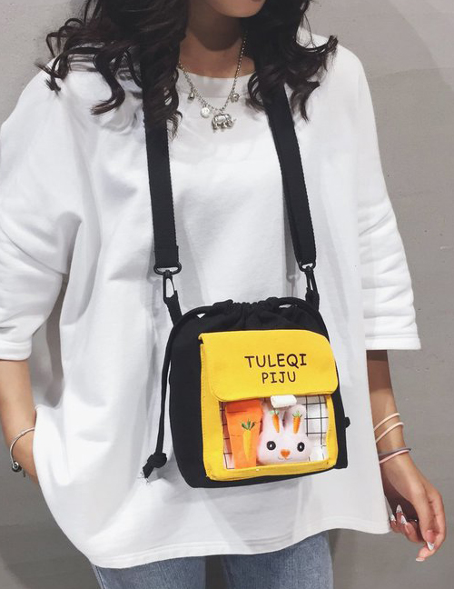 Fashion Black Radish Bunny Transparent Stitching Plaid Canvas Shoulder Messenger Bag