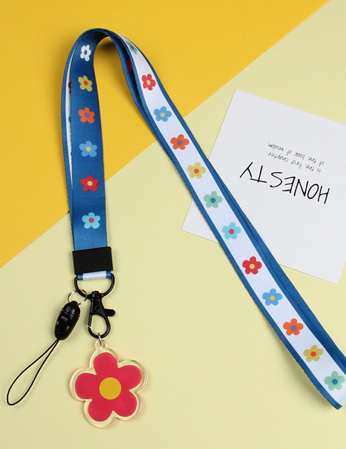 Fashion White And Blue Flowers Cartoon Pendant Wide Flat Braid With Mobile Phone Lanyard