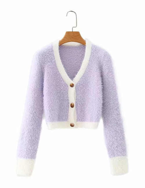 Fashion Purple White Edge Contrast Color Long Sleeve Cardigan Sweater