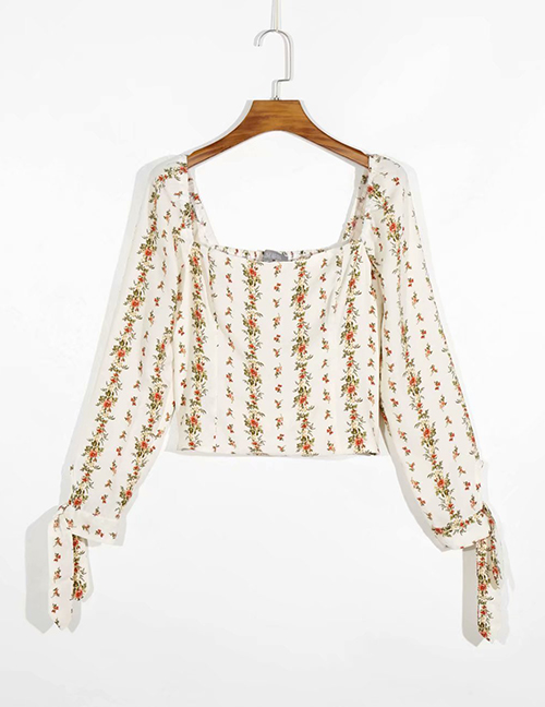 Fashion Floral Printed Square-neck Pleated Top
