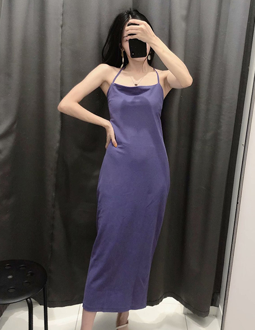 Fashion Purple Cross Strap Halter Dress
