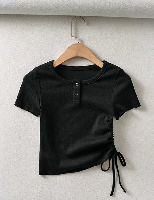 Fashion Black Short-sleeved T-shirt With Side Drawstring