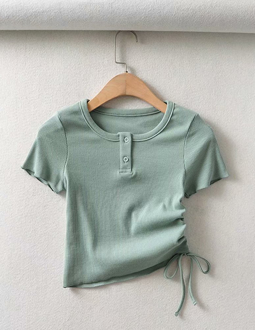 Fashion Pea Green Color Short-sleeved T-shirt With Side Drawstring