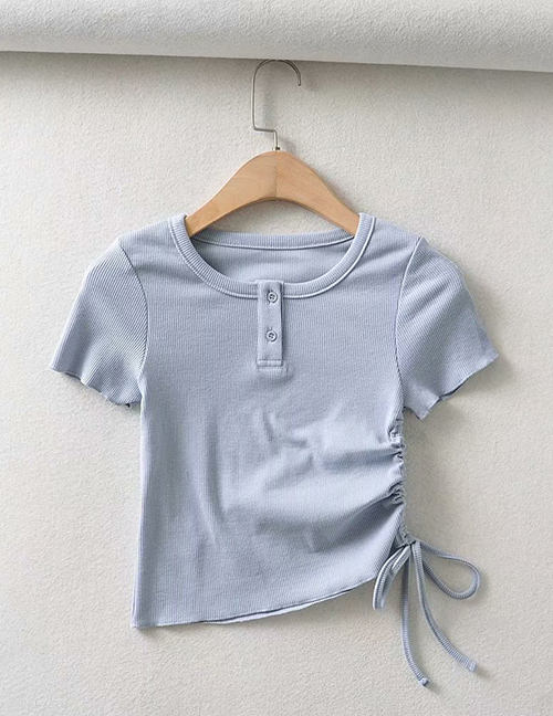 Fashion Light Blue Short-sleeved T-shirt With Side Drawstring