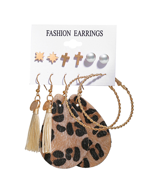 Fashion Leopard Print Fringed Leopard Cross Pearl Alloy Earring Set