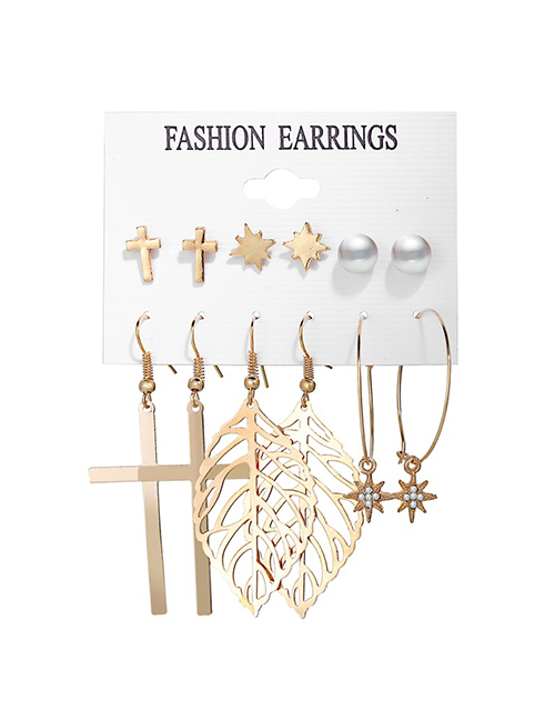 Fashion Golden Pearl Leaf Hollow Alloy Earring Set