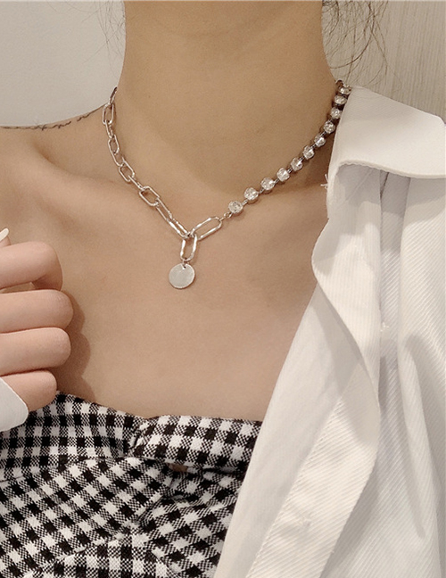 Fashion Silver Half Diamond Half Chain Round Pendant Splicing Necklace
