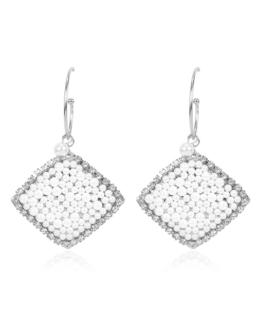 Fashion White K Geometrical Diamond Earrings With Alloy Pearls And Diamonds