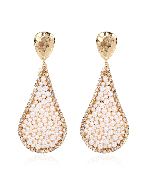Fashion Golden Drop-shaped Alloy Pearl Earrings With Diamonds