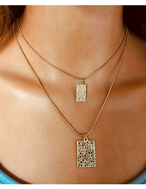 Fashion Golden Geometric Chain Embossed Square Double Necklace