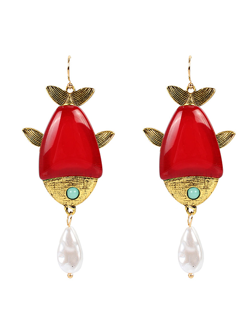 Fashion Red Alloy Dripping Fish-shaped Pearl Earrings