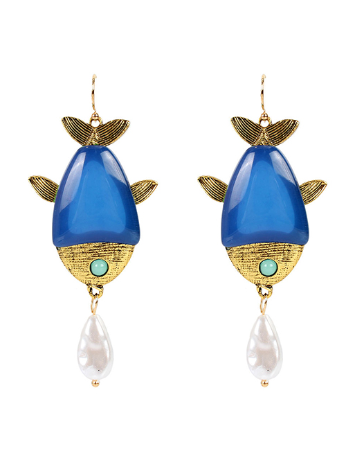 Fashion Blue Alloy Dripping Fish-shaped Pearl Earrings