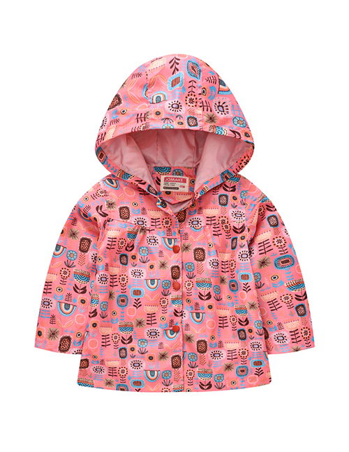 Fashion Pink Spring And Autumn Sleeve Printed Hooded Jacket
