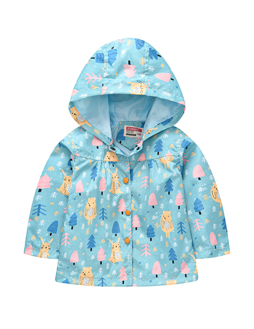 Fashion Sky Blue Spring And Autumn Sleeve Printed Hooded Jacket