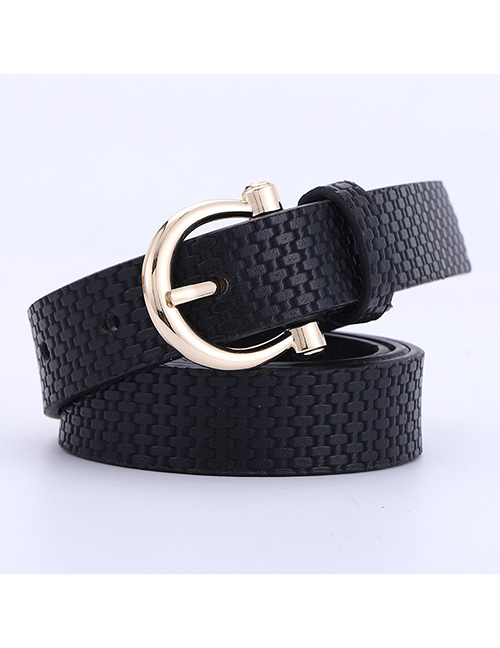 Fashion Black Straw Mat Pattern Pu Pin Buckle Belt