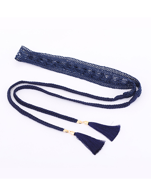 Fashion Navy Blue Tasseled Lace Straps And Knotted Bow Belt