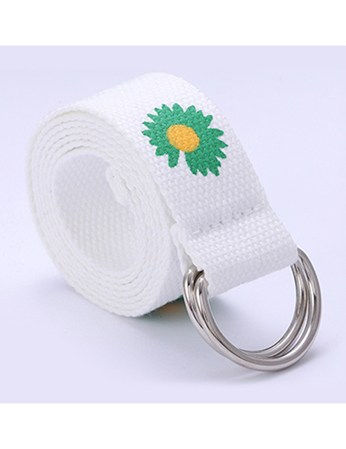 Fashion White Double Buckle Printed Flower Daisy Belt
