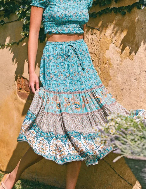 Fashion Lake Blue Printed Elastic Waist Skirt