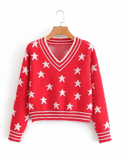 Fashion Red Pentagram V-neck Hem Dog Chew Knitted Pullover