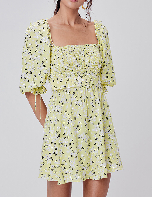 Fashion Yellow Floral Print Tethered Puff Sleeve Dress