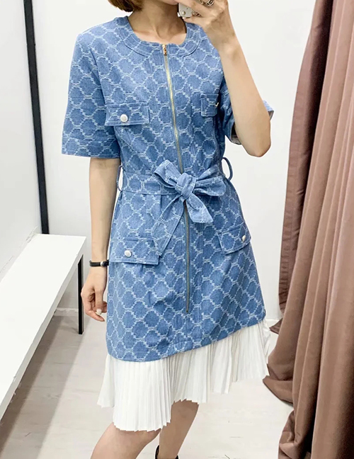 Fashion Blue Denim Check Lace Up Dress With Receive Waist