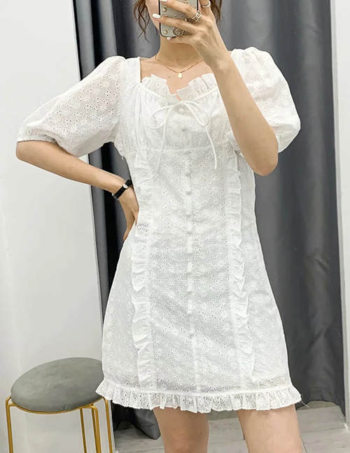 Fashion White Openwork Embroidered Dress With Wood Ears
