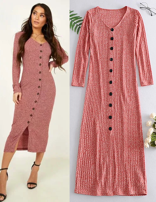 Fashion Pink Long-breasted Split-knit Dress