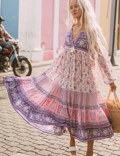 Fashion Color Floral Print Tethered Lace Contrast Dress