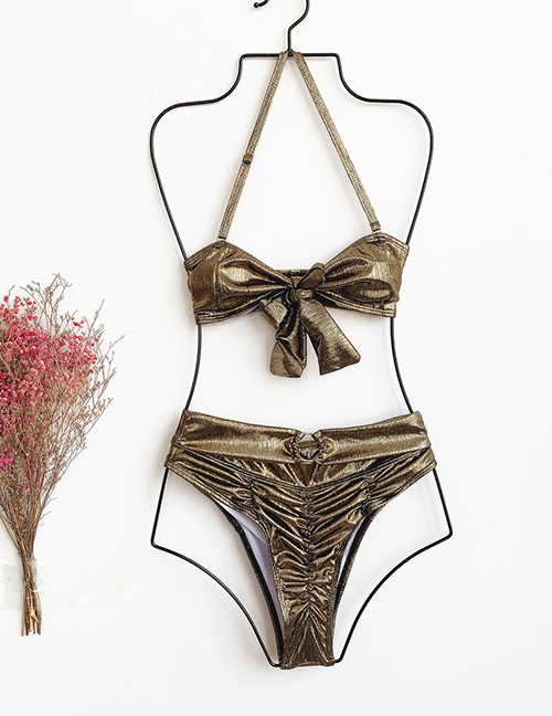 Fashion Golden Bowknot Gold Silk Pleated High Waist Split Swimsuit