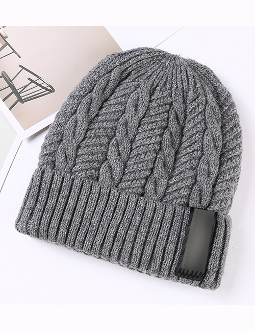 Fashion Gray Letter Patch Double Layer Plus Velvet Mens Knitted Hat