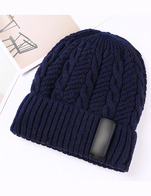 Fashion Navy Blue Letter Patch Double Layer Plus Velvet Mens Knitted Hat