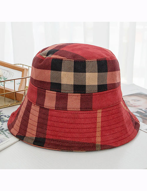Fashion Wine Red Suede Collapsible Plaid Fisherman Hat