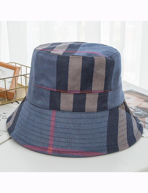 Fashion Navy Blue Suede Collapsible Plaid Fisherman Hat