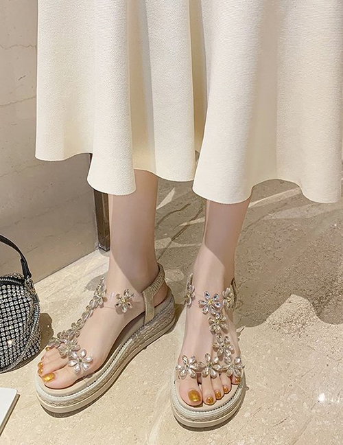 Fashion Creamy-white Flower Transparent Belt Muffin Heel Sandals