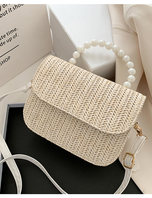 Fashion White Straw Pearl Clamshell Shoulder Bag