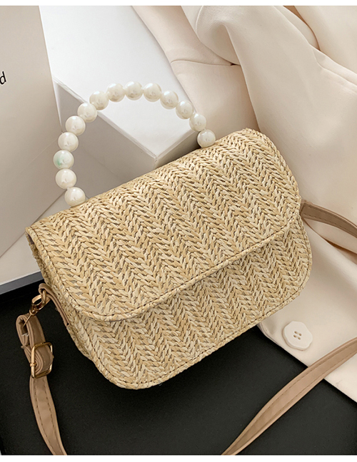 Fashion Khaki Straw Pearl Clamshell Shoulder Bag