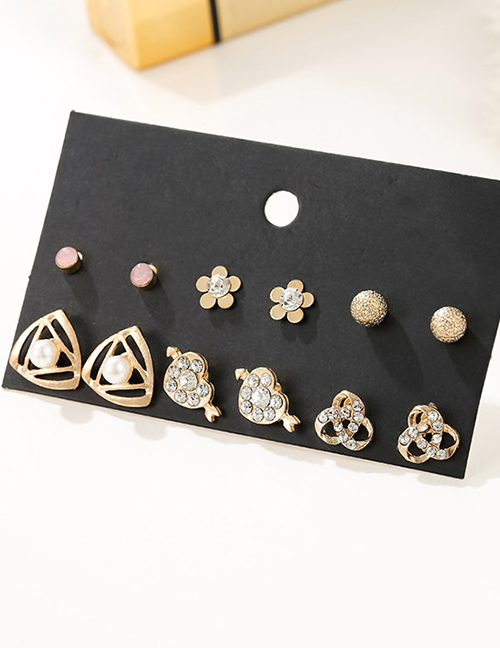 Fashion Color Mixing Diamond Pearl Flower Crown Geometric Earring Set