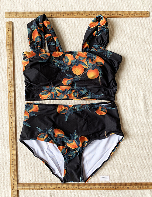 Fashion Black Fruit Print Black Swimsuit Set