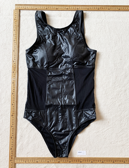 Fashion Black Pu Mesh One-piece Swimsuit