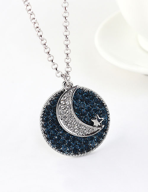 Fashion Navy Blue Imported Crystal Pentagram Moon Geometric Round Necklace