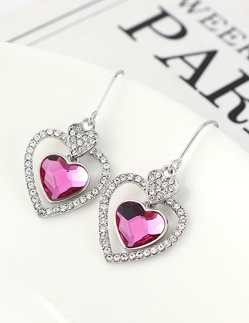 Fashion Fuchsia Crystal Inlaid Rhinestone Love Earrings