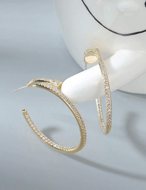 Fashion 14k Gold Geometric C-shaped Hollow Earrings With Zircon