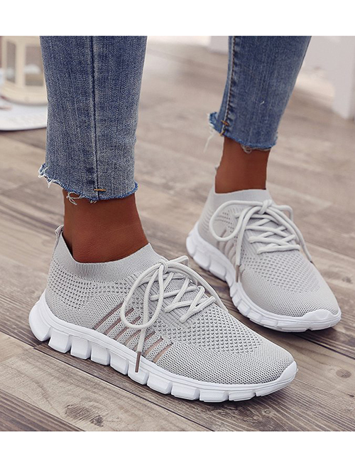 Fashion Gray Mesh Breathable Lace-up Wedge Sneakers