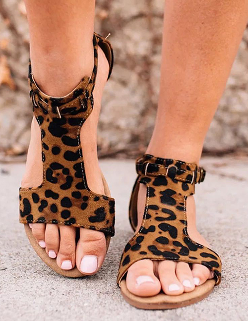 Fashion Leopard Print Flat Open Toe Leopard Sandals