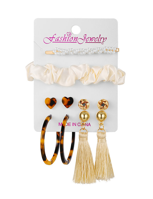 Fashion Golden Diamond-set Love Tassel Pearl Hair Clip Rope Earring Set