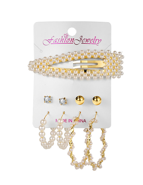 Fashion Golden Pearl Diamond Round Bead Geometric Hollow Alloy Hairpin Earring Set